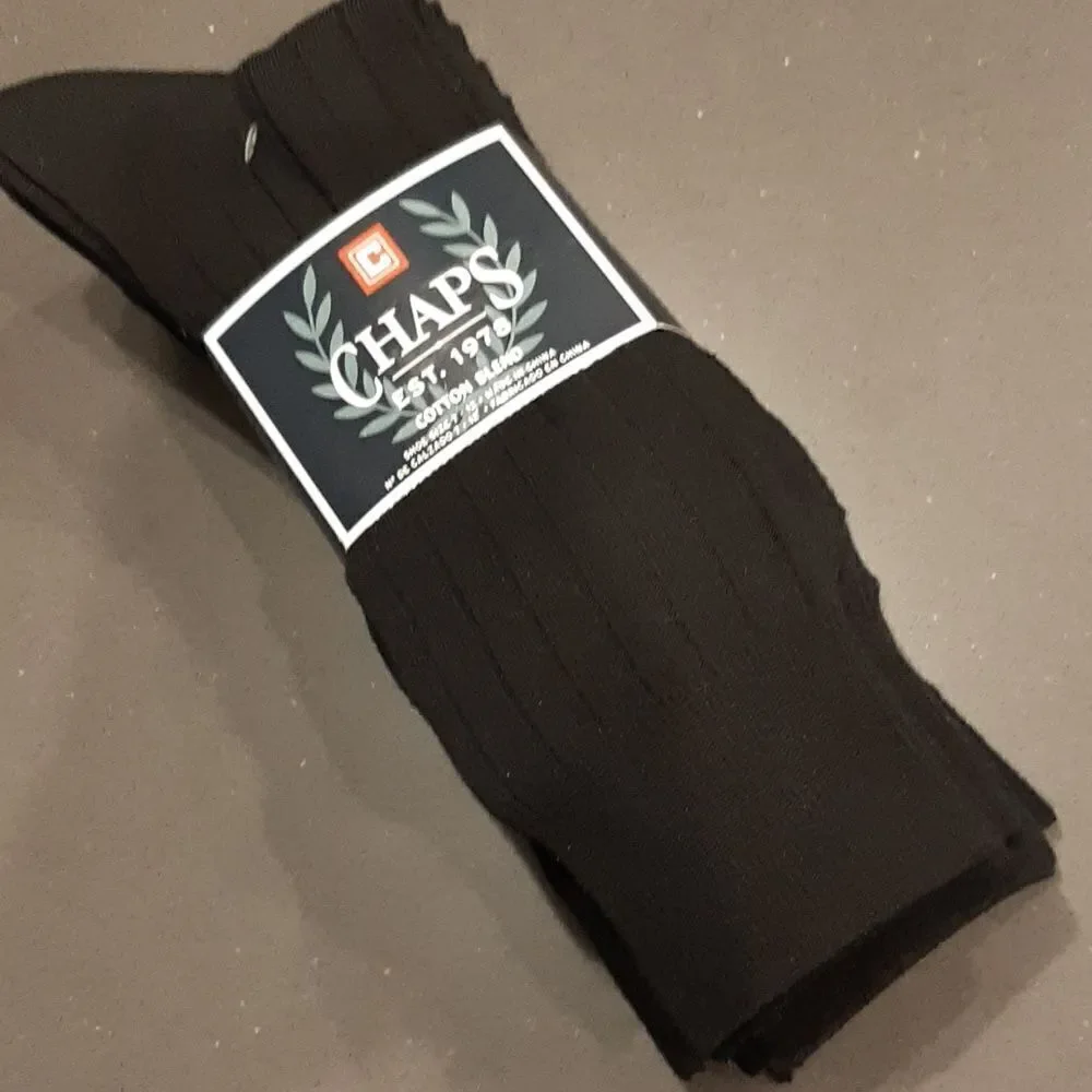 Chaps Mens 6 Pair Black Cotton Blend Dress Socks  NWT